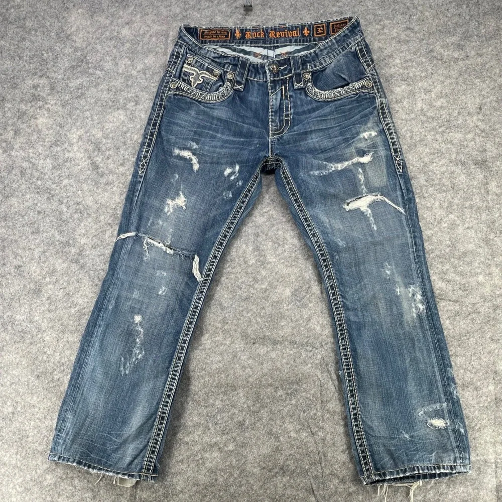 Rock Revival Helicon Jean Men 32x28 Blue Distressed Embroidered Straight Grunge